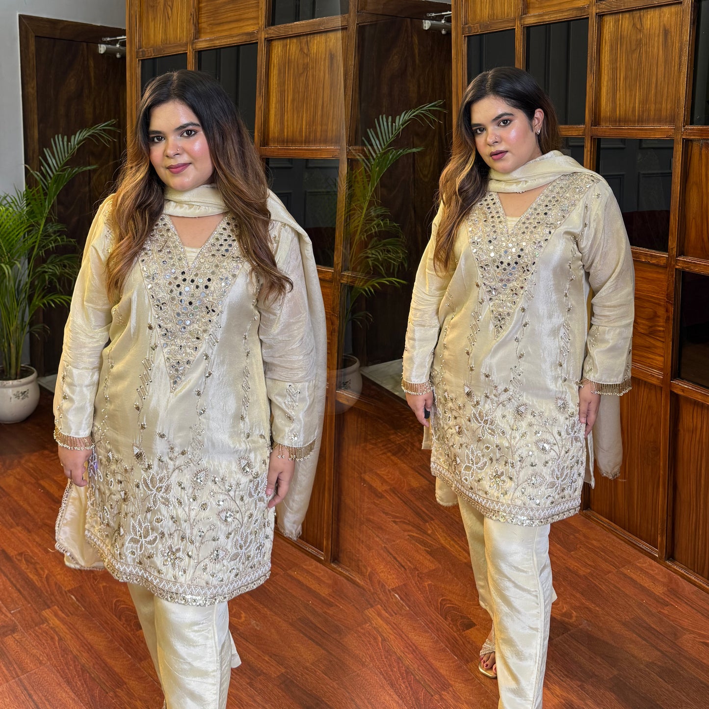 Silk Tissue Suit in Ivory Gold With Handwork (full lining)