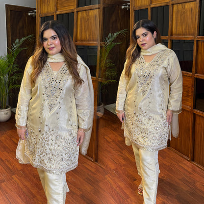 Silk Tissue Suit in Ivory Gold With Handwork (full lining)