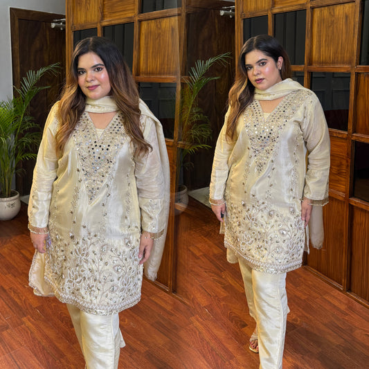 Silk Tissue Suit in Ivory Gold With Handwork (full lining)