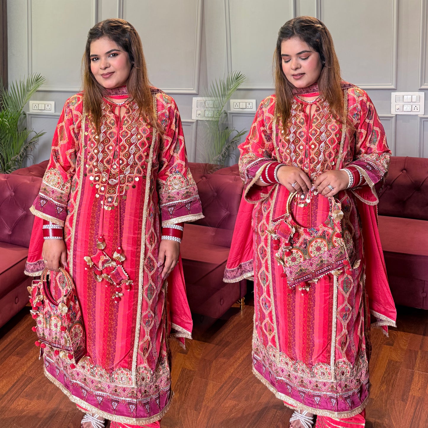 Designer Pure Crepe Best seller Suit With Bag in Coral Pinkish Red✨