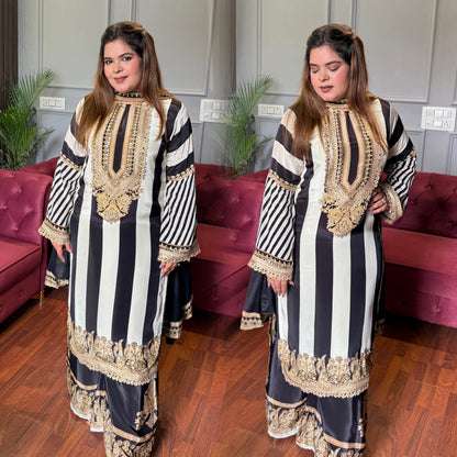 Designer Pure Crepe Strips Digital Printed Suit With Handwork ✨