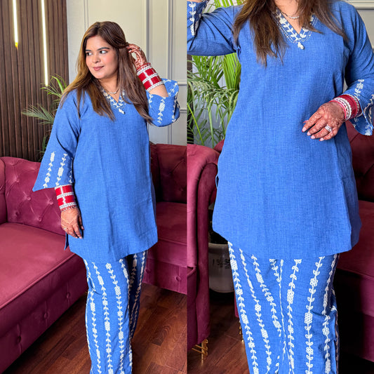 Denim Blue Embroidered Co-ord Set with Pearl detailing