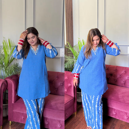 Denim Blue Embroidered Co-ord Set with Pearl detailing