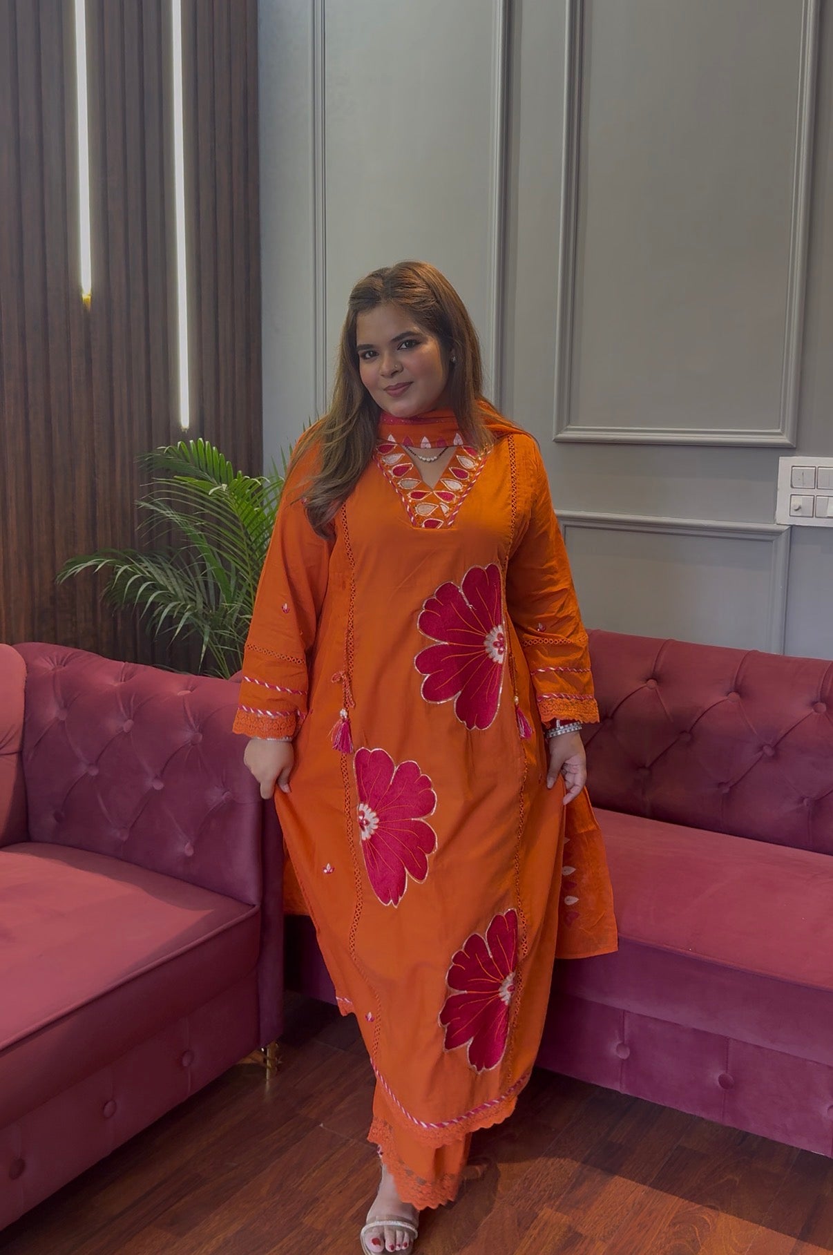 Orange Applique Work Three Piece Suit