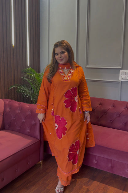 Orange Applique Work Three Piece Suit