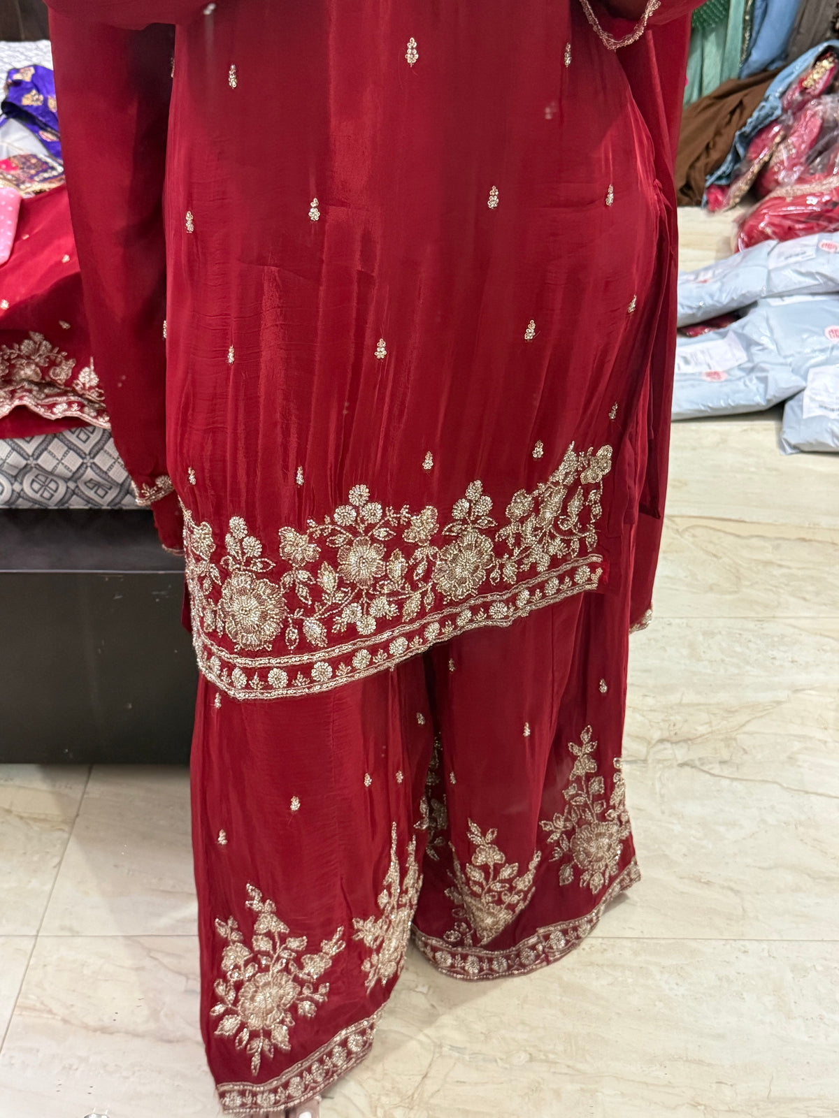 Pure Crepe Suit with Handwork (Red Maroon)