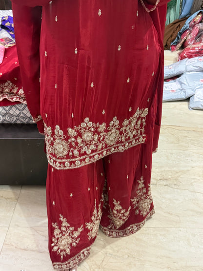 Pure Crepe Suit with Handwork (Red Maroon)