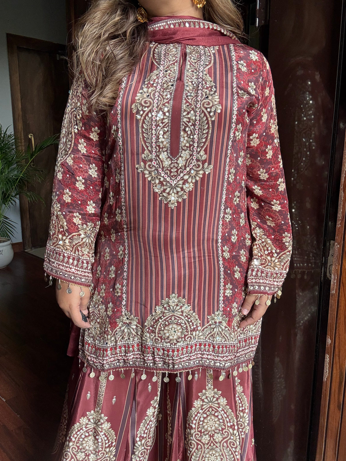 Khwabida Designer Pure Crepe Sharara Suit With Handwork