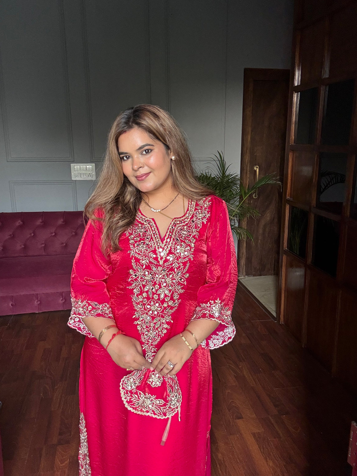 Celeb Inspired Designer Gotta & Mirror work Phiran Set with Pants & Potli (Rani Pink)