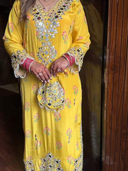 Rahat Designer Pure Crepe Long Phiran Set with handwork (comes with pants & potli)