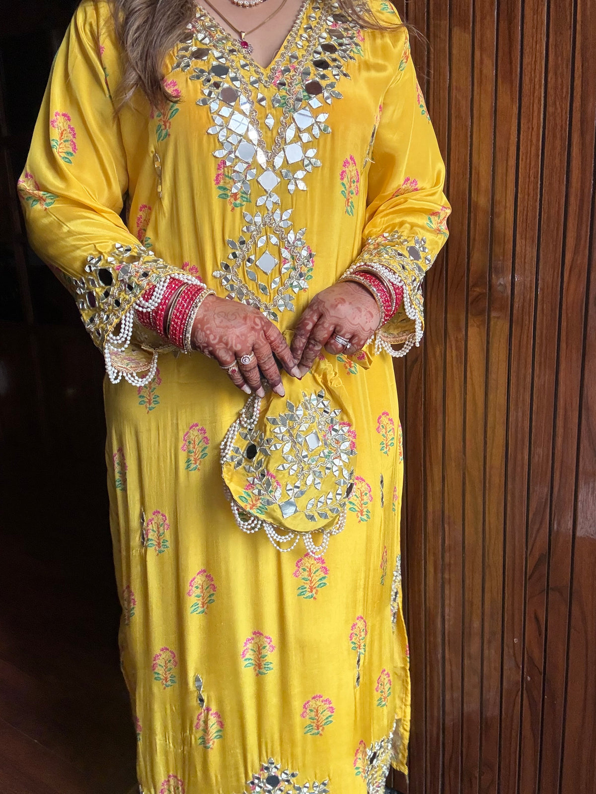 Rahat Designer Pure Crepe Long Phiran Set with handwork (comes with pants & potli)