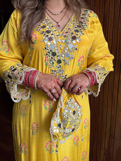 Rahat Designer Pure Crepe Long Phiran Set with handwork (comes with pants & potli)