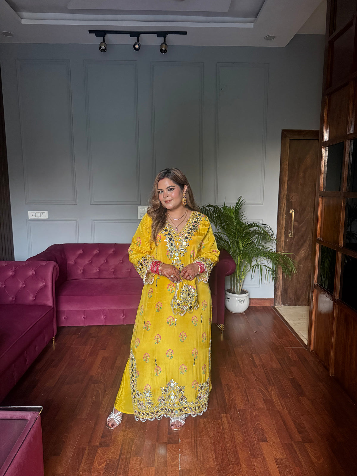 Rahat Designer Pure Crepe Long Phiran Set with handwork (comes with pants & potli)