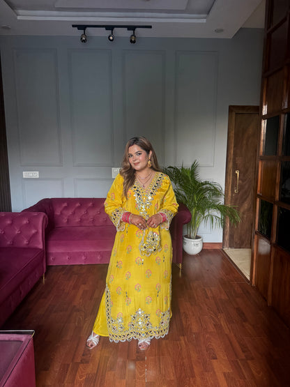 Rahat Designer Pure Crepe Long Phiran Set with handwork (comes with pants & potli)