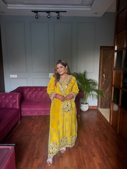 Rahat Designer Pure Crepe Long Phiran Set with handwork (comes with pants & potli)