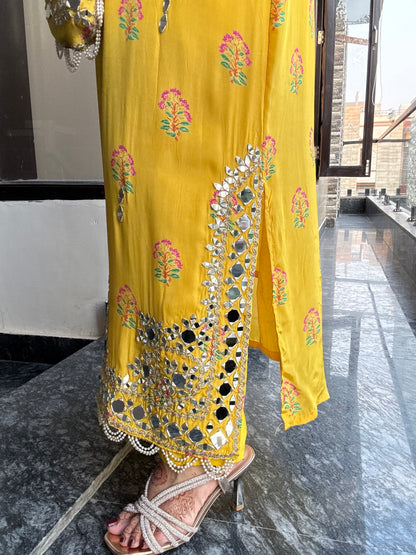 Rahat Designer Pure Crepe Long Phiran Set with handwork (comes with pants & potli)