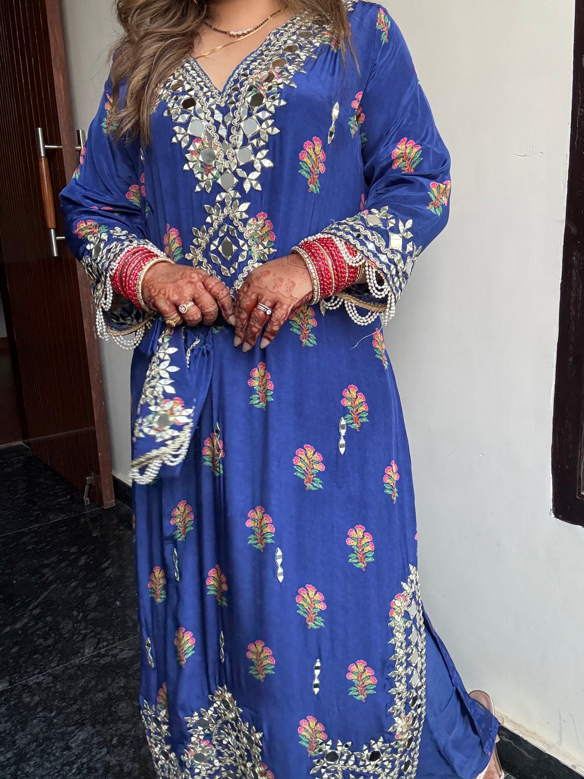 Rahat Designer Pure Crepe Long Phiran Set with handwork (comes with pants & potli)