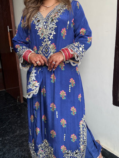 Rahat Designer Pure Crepe Long Phiran Set with handwork (comes with pants & potli)