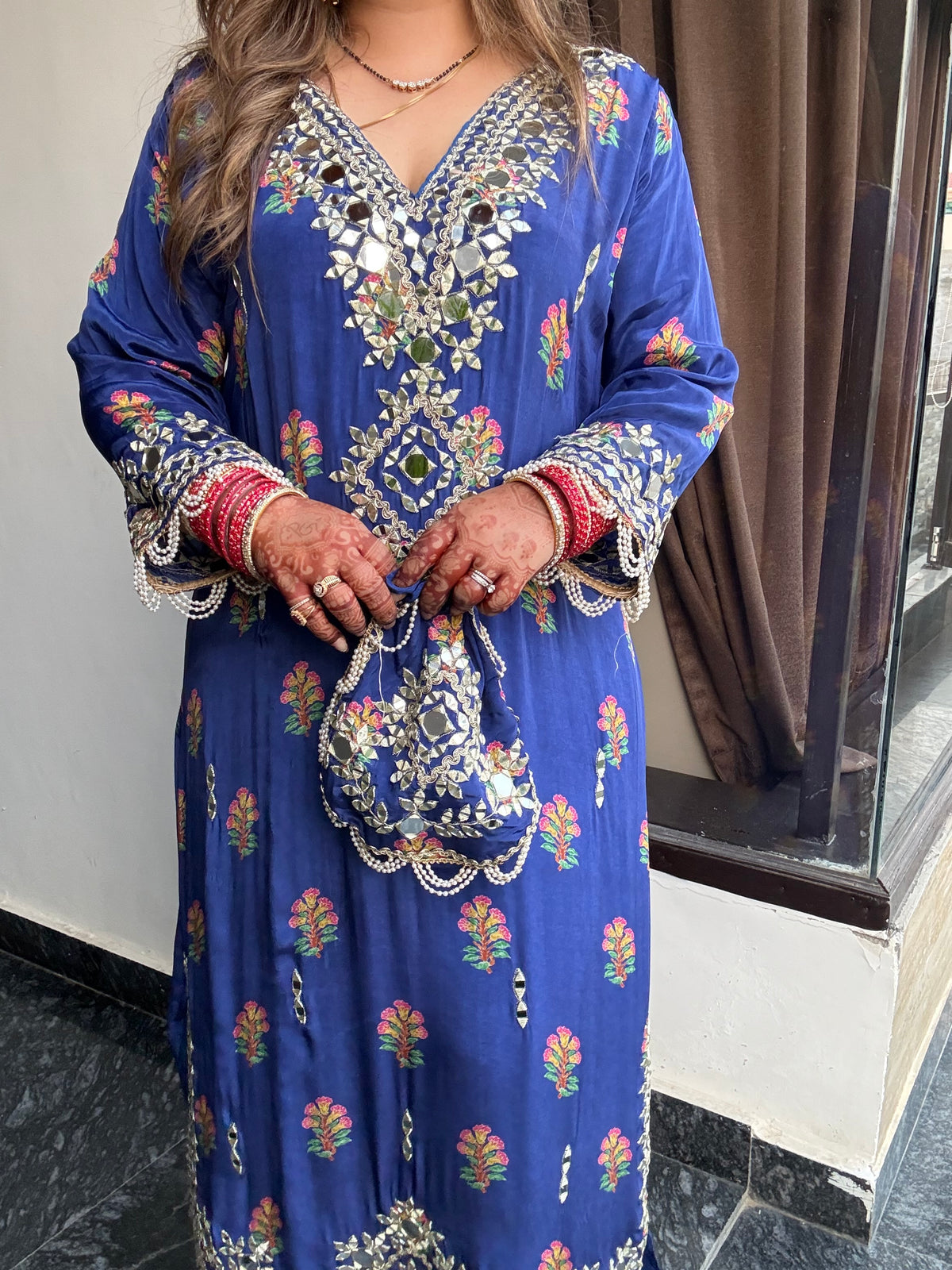 Rahat Designer Pure Crepe Long Phiran Set with handwork (comes with pants & potli)