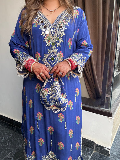 Rahat Designer Pure Crepe Long Phiran Set with handwork (comes with pants & potli)