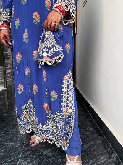 Rahat Designer Pure Crepe Long Phiran Set with handwork (comes with pants & potli)