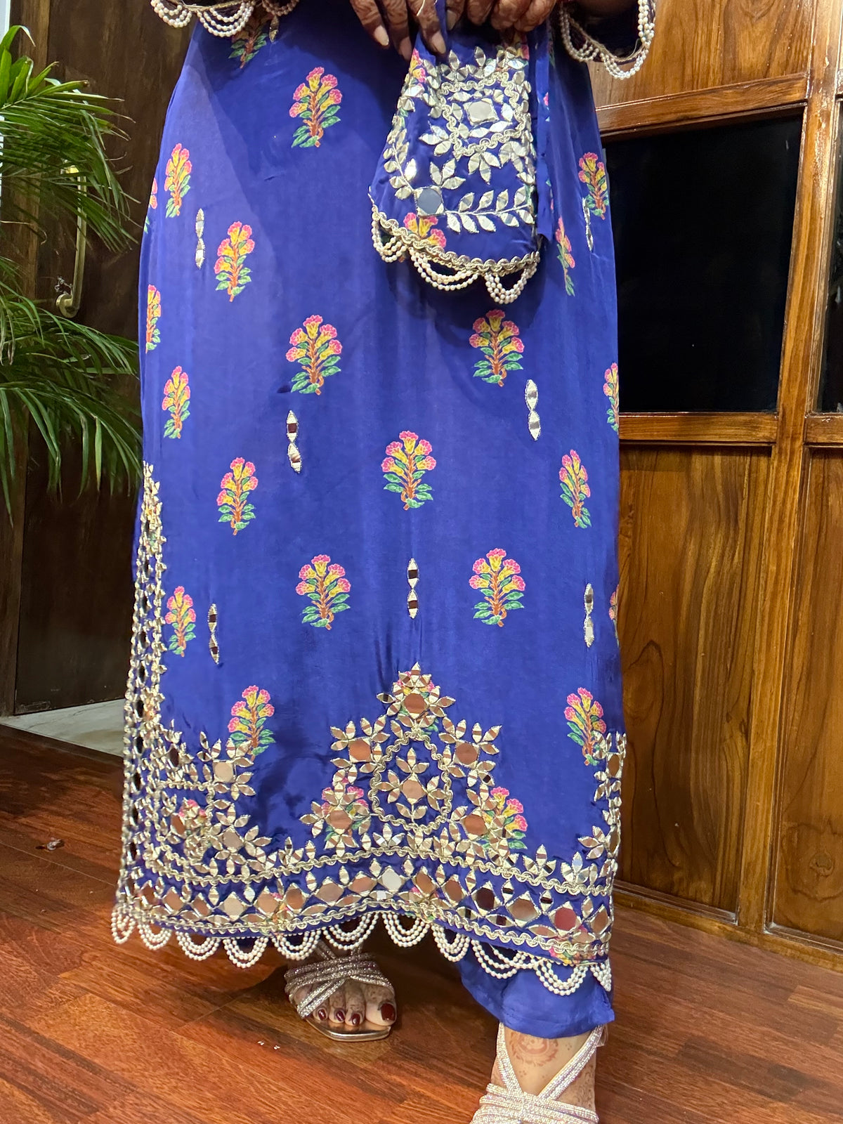 Rahat Designer Pure Crepe Long Phiran Set with handwork (comes with pants & potli)