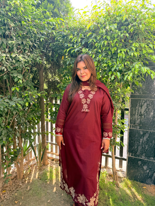 Cotton Floral Cut Work Maroon Suit