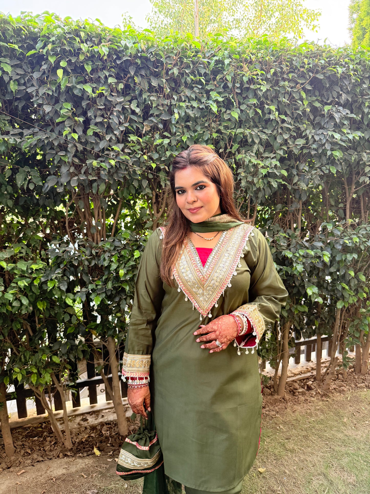 Olive Bloom Four Piece Suit With Potli