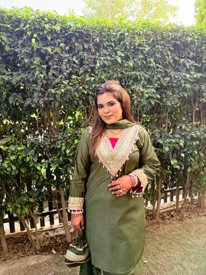 Olive Bloom Four Piece Suit With Potli