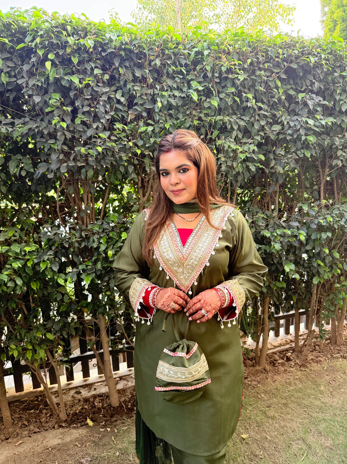 Olive Bloom Four Piece Suit With Potli