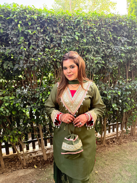 Olive Bloom Four Piece Suit With Potli