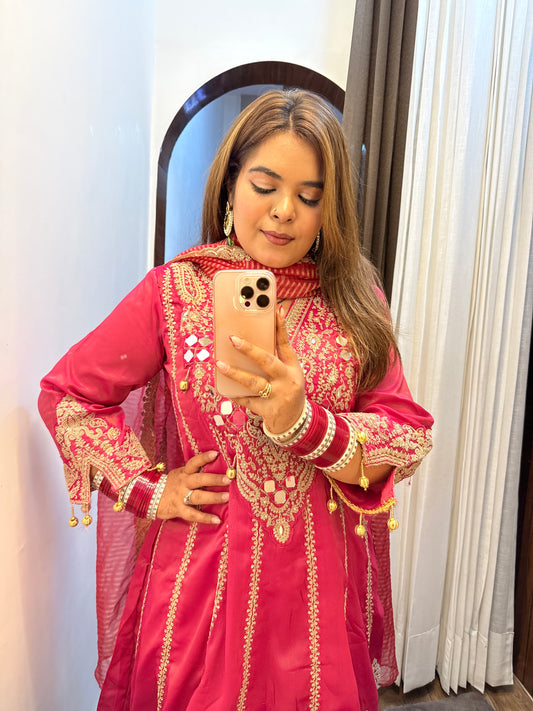 Coral Pink Short Anarkali Suit With Pants