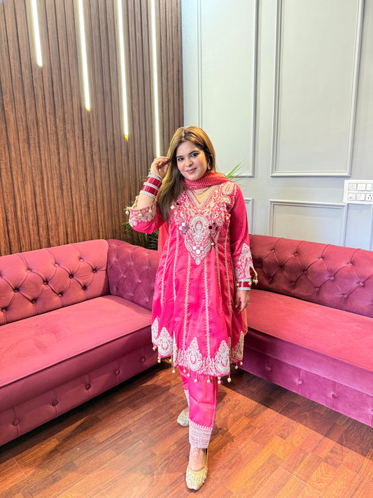 Coral Pink Short Anarkali Suit With Pants