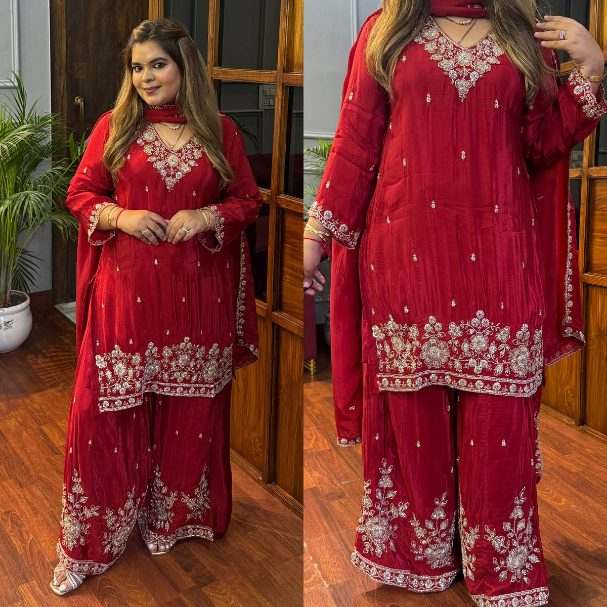 Pure Crepe Suit with Handwork (Red Maroon)
