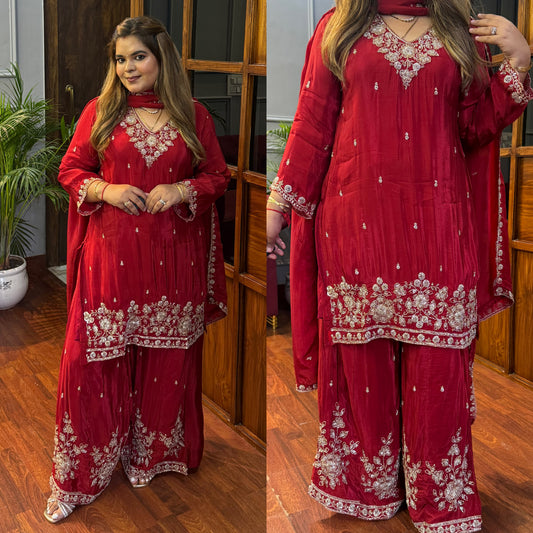 Pure Crepe Suit with Handwork (Red Maroon)