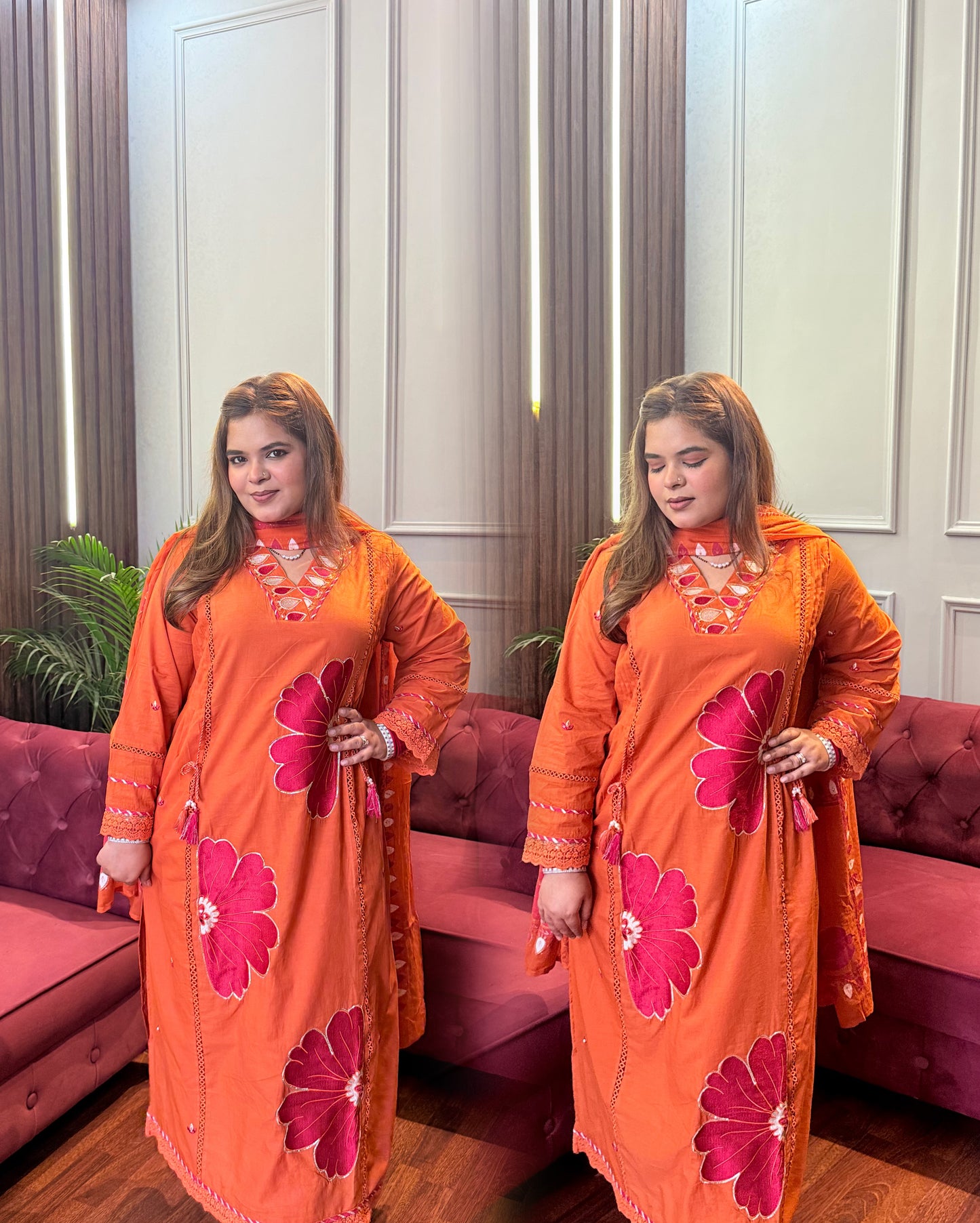 Orange Applique Work Three Piece Suit