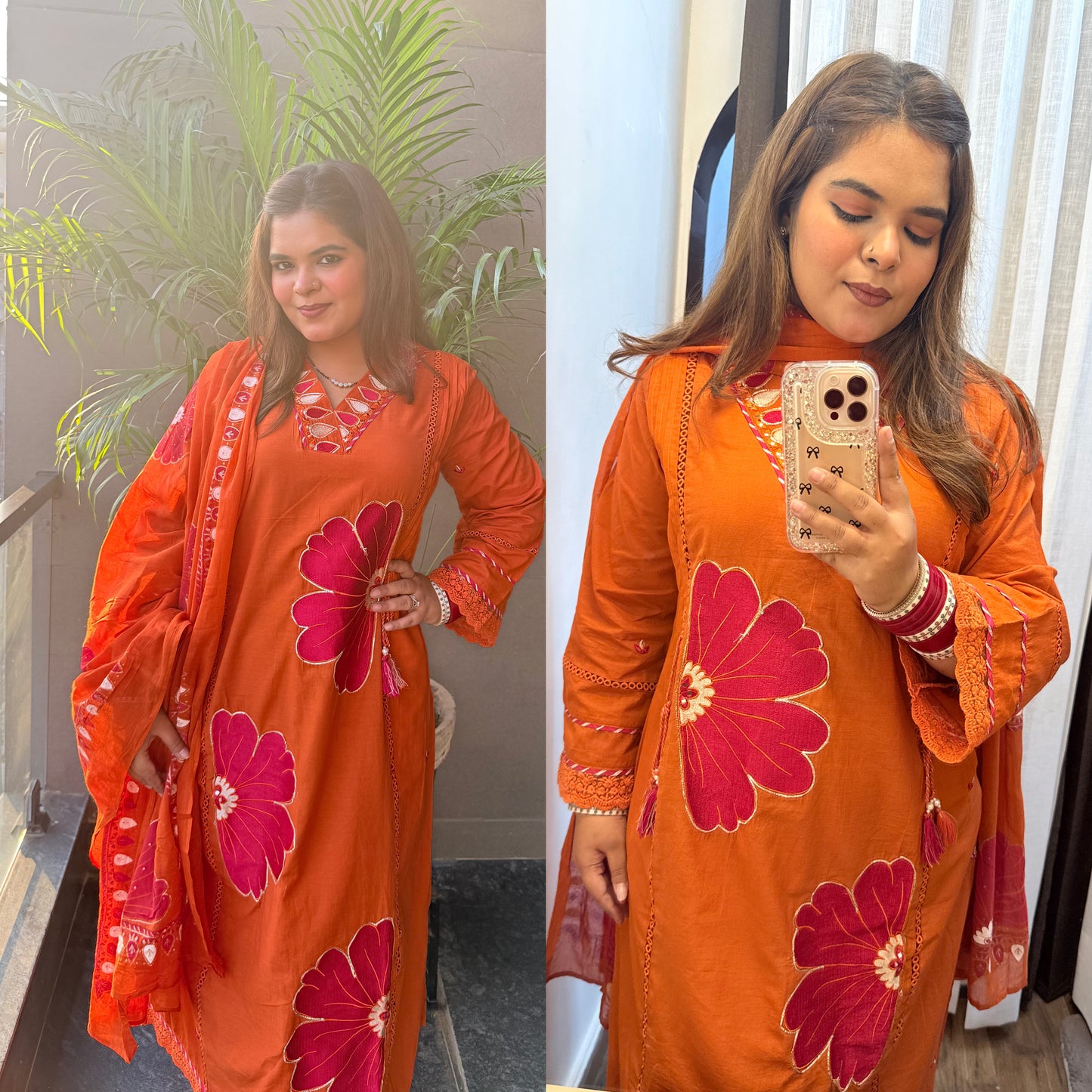 Orange Applique Work Three Piece Suit