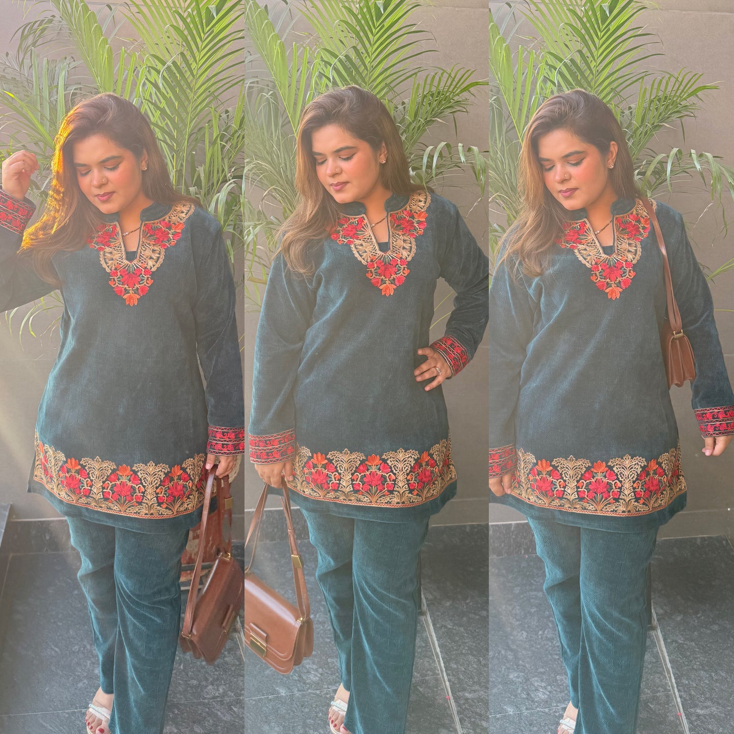 Embroidered Velvet Corduroy Two-Piece Co-Ord Set