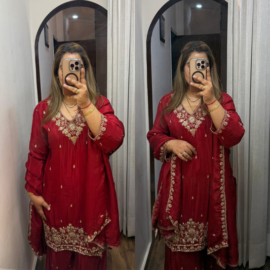 Pure Crepe Suit with Handwork (Red Maroon)