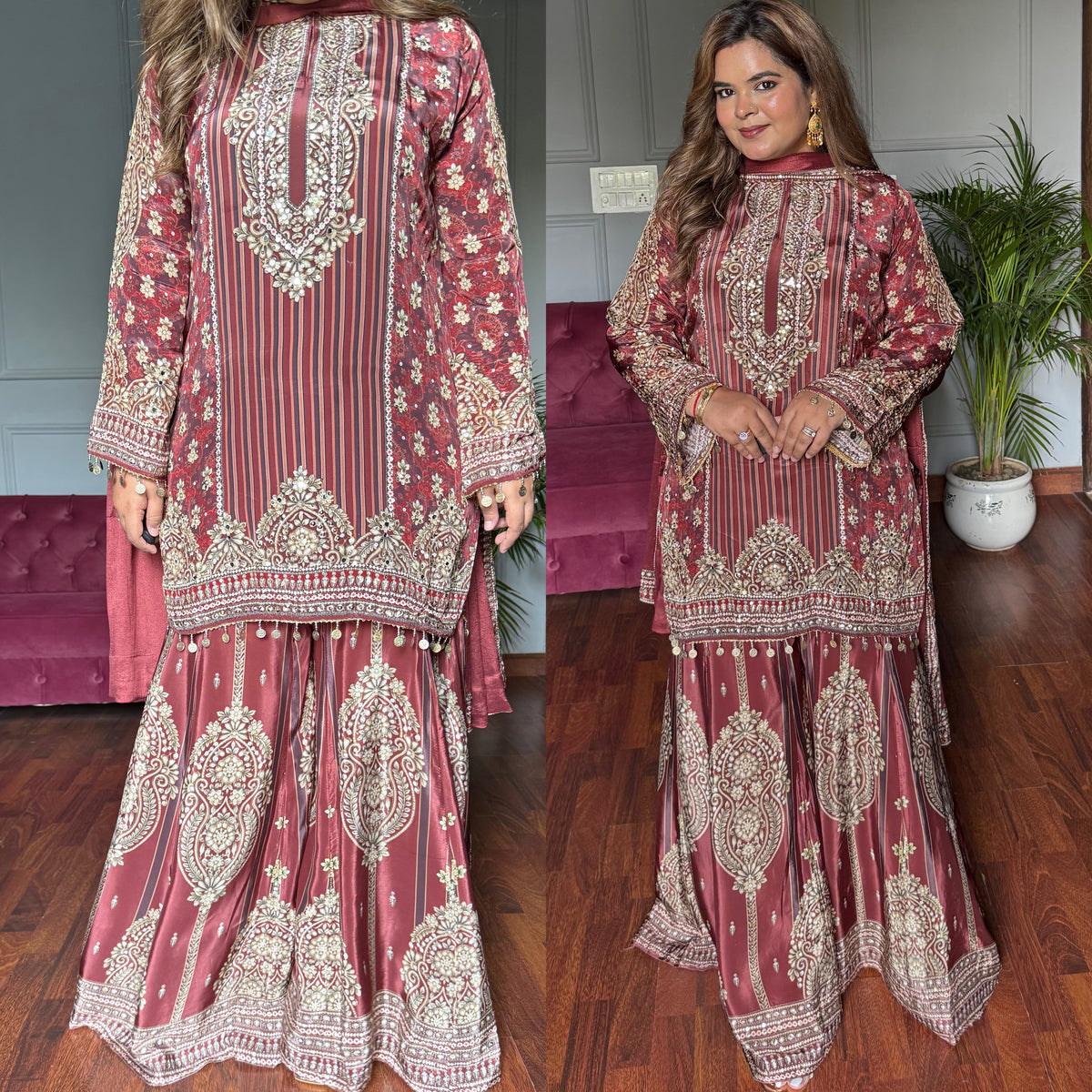 Khwabida Designer Pure Crepe Sharara Suit With Handwork