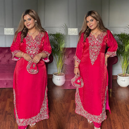 Celeb Inspired Designer Gotta & Mirror work Phiran Set with Pants & Potli (Rani Pink)