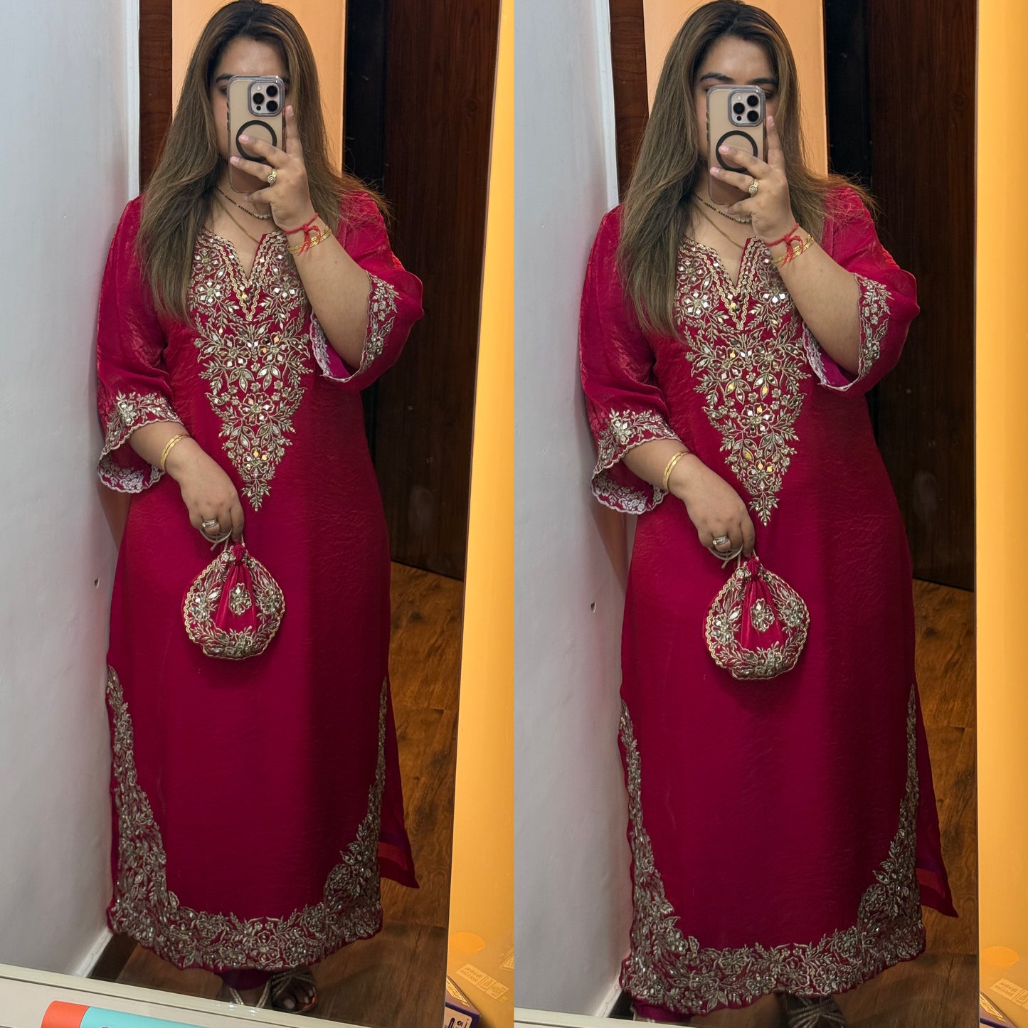 Celeb Inspired Designer Gotta & Mirror work Phiran Set with Pants & Potli (Rani Pink)