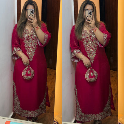 Celeb Inspired Designer Gotta & Mirror work Phiran Set with Pants & Potli (Rani Pink)