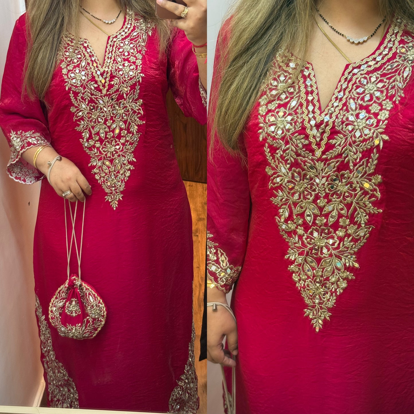 Celeb Inspired Designer Gotta & Mirror work Phiran Set with Pants & Potli (Rani Pink)