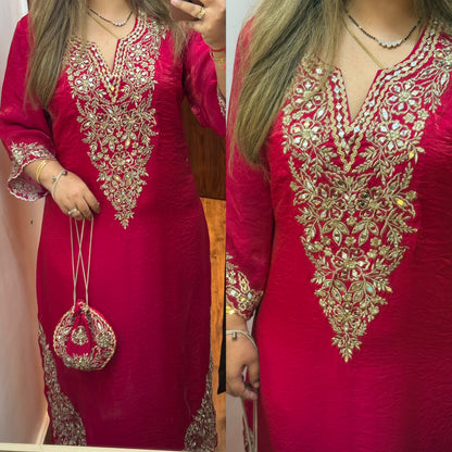 Celeb Inspired Designer Gotta & Mirror work Phiran Set with Pants & Potli (Rani Pink)