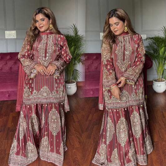 Khwabida Designer Pure Crepe Sharara Suit With Handwork