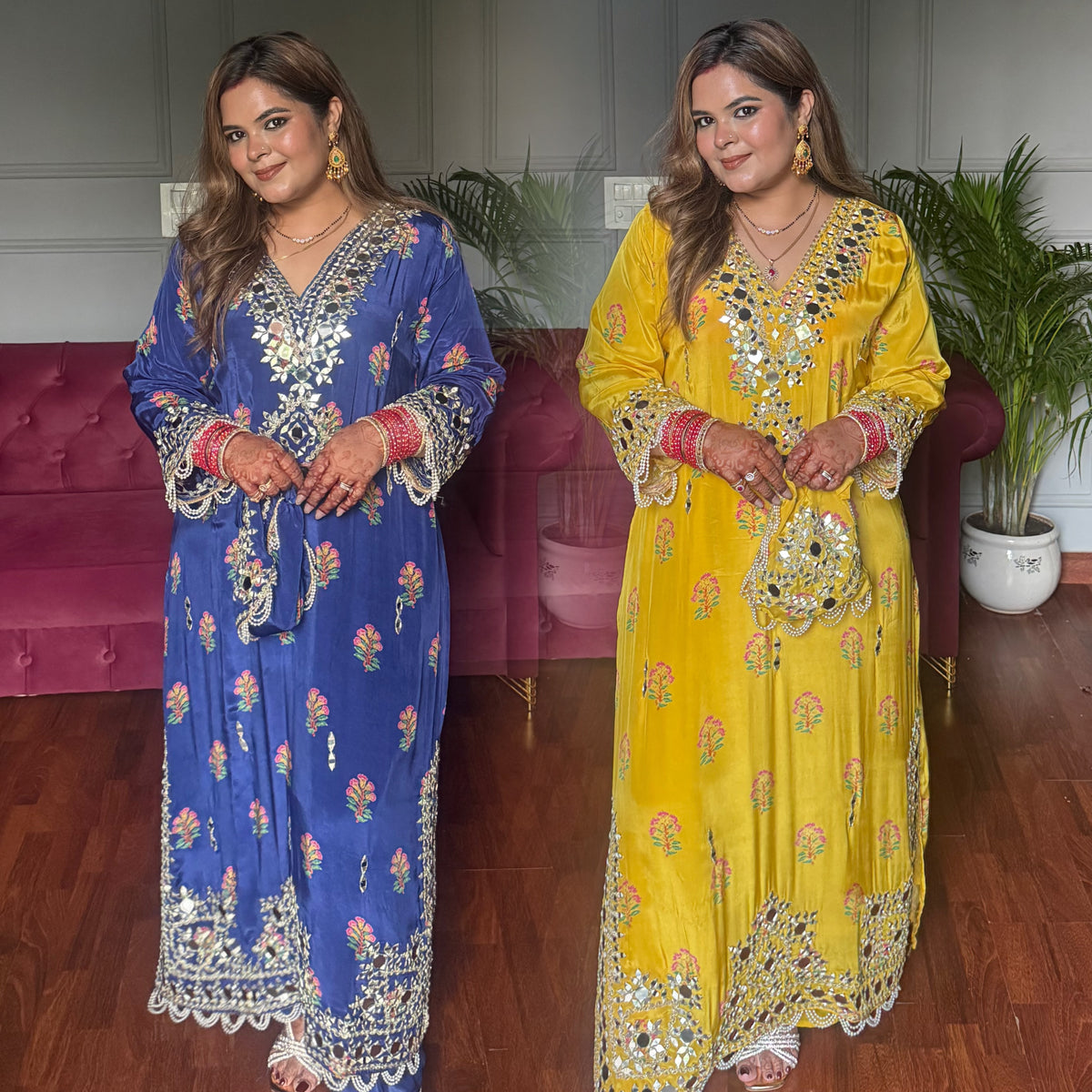 Rahat Designer Pure Crepe Long Phiran Set with handwork (comes with pants & potli)