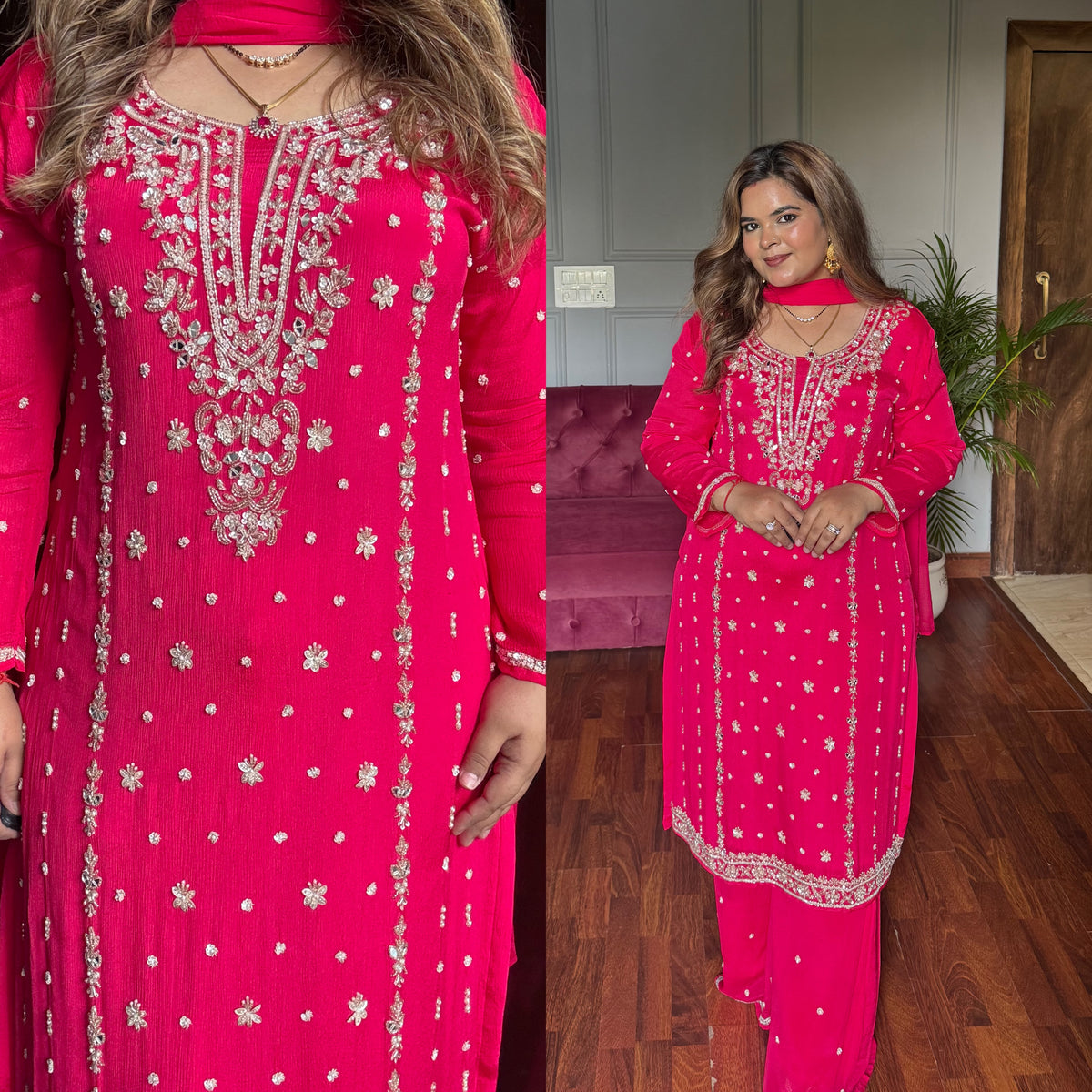Noori Pink Handwork Pallazo Suit (Fuchsia pink)