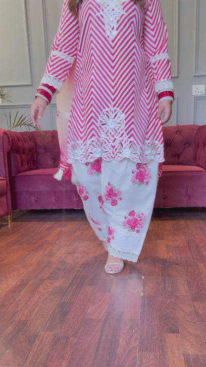 Gulabi cutwork embroidered kurta with farshi salwar & tie & dye Duppata 🌷
