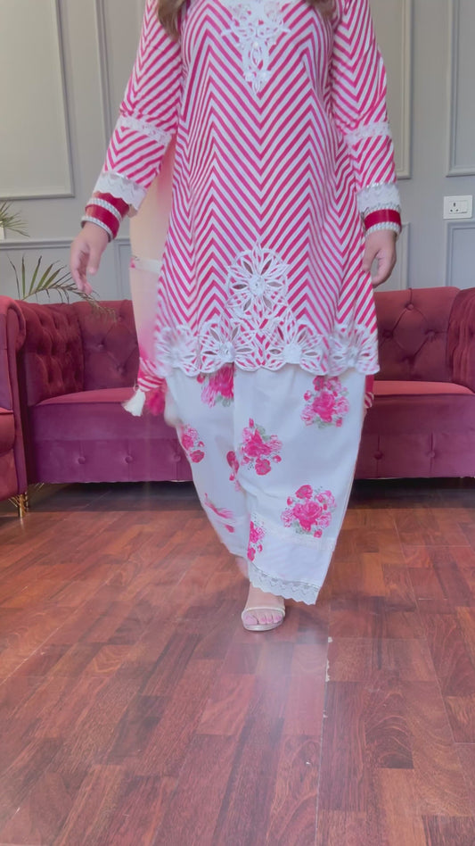 Gulabi cutwork embroidered kurta with farshi salwar & tie & dye Duppata 🌷